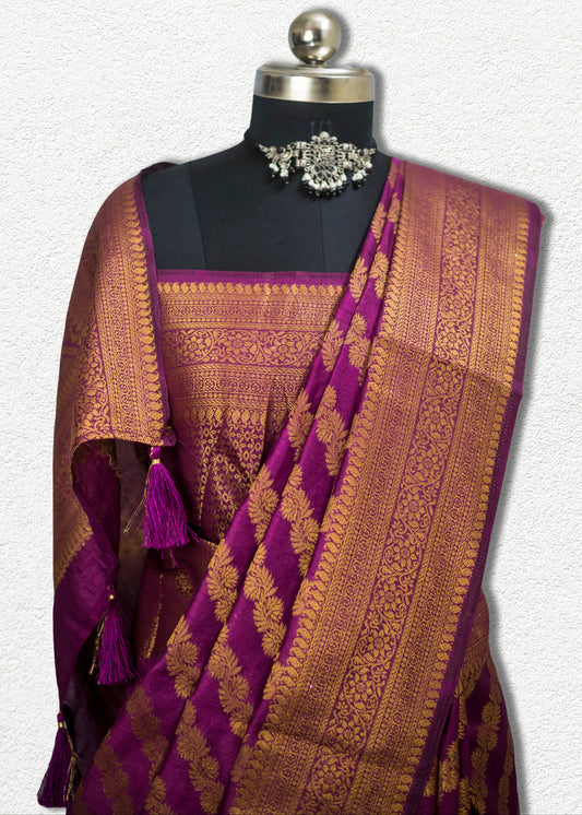 Soft Banarasi silk blend saree with zari motifs and lightweight drape