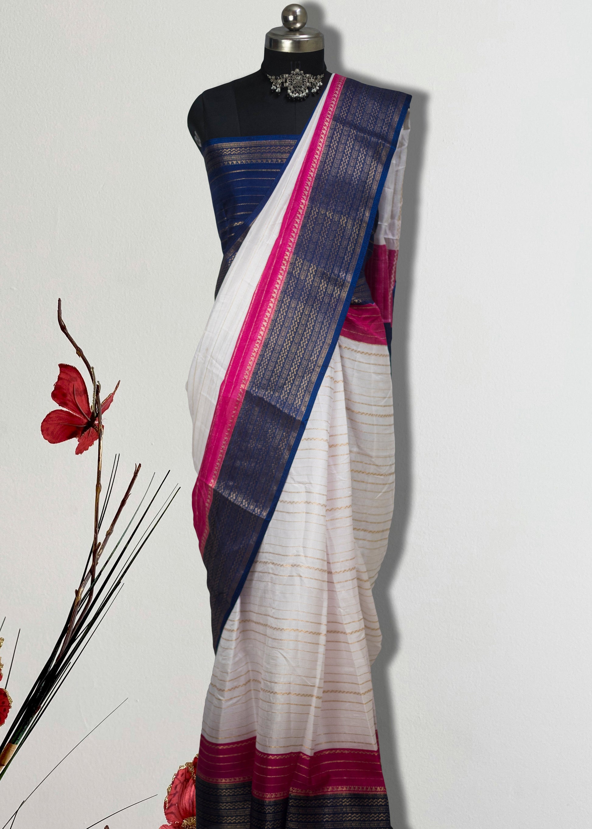 Cotton Silk Blend Tangail Saree in white with navy blue zari border and pink