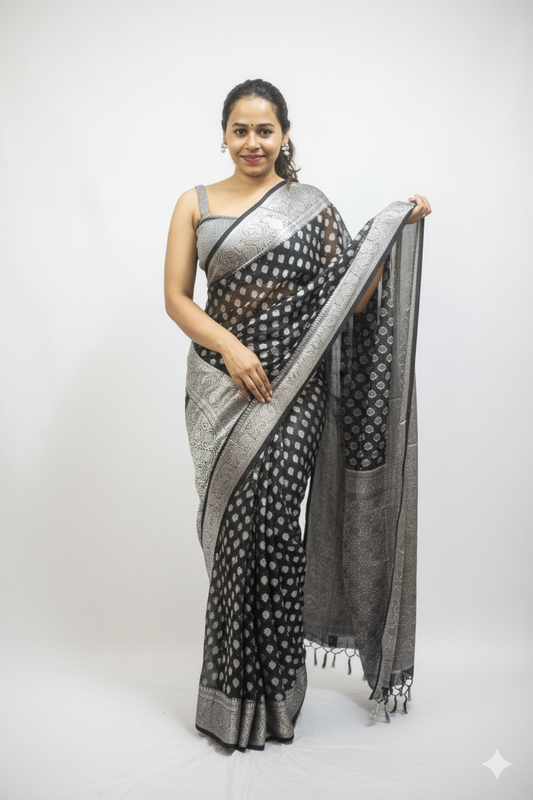 legant Banarasi georgette saree with zari border and motifs