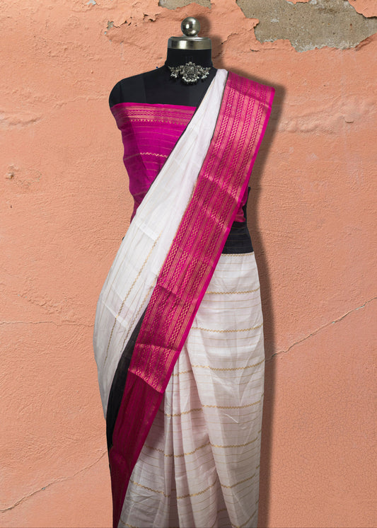 Cotton Silk Blend Tangail Saree in white with pink border