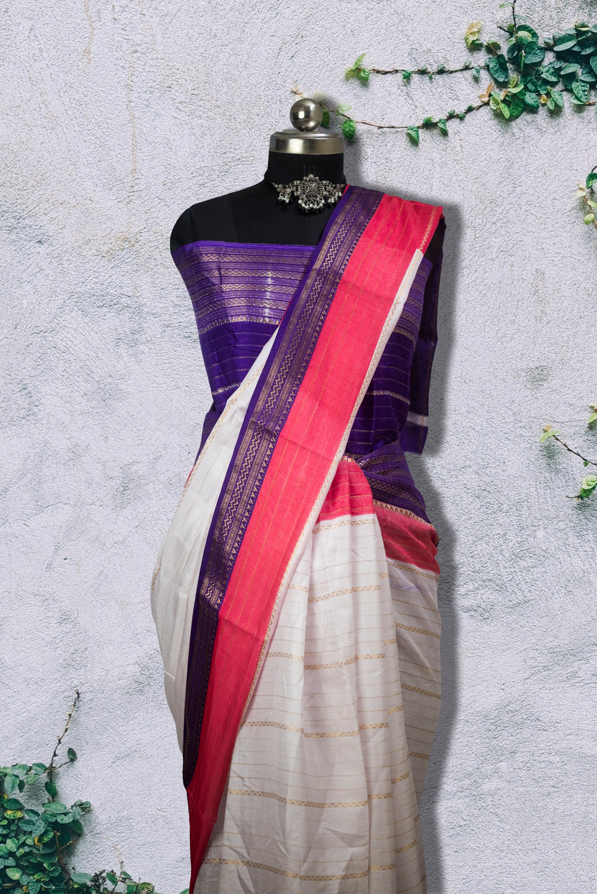 Traditional Cotton Silk Blend Tangail Saree in white with vibrant pink border and woven purple detailing.