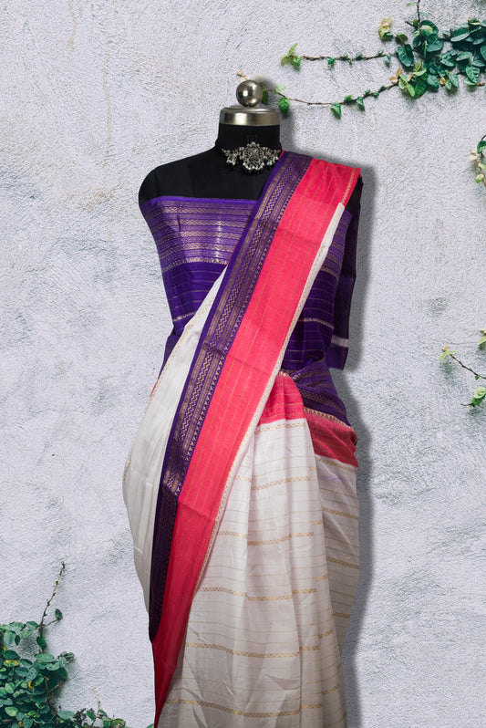 Traditional Cotton Silk Blend Tangail Saree in white with vibrant pink border and woven purple detailing.