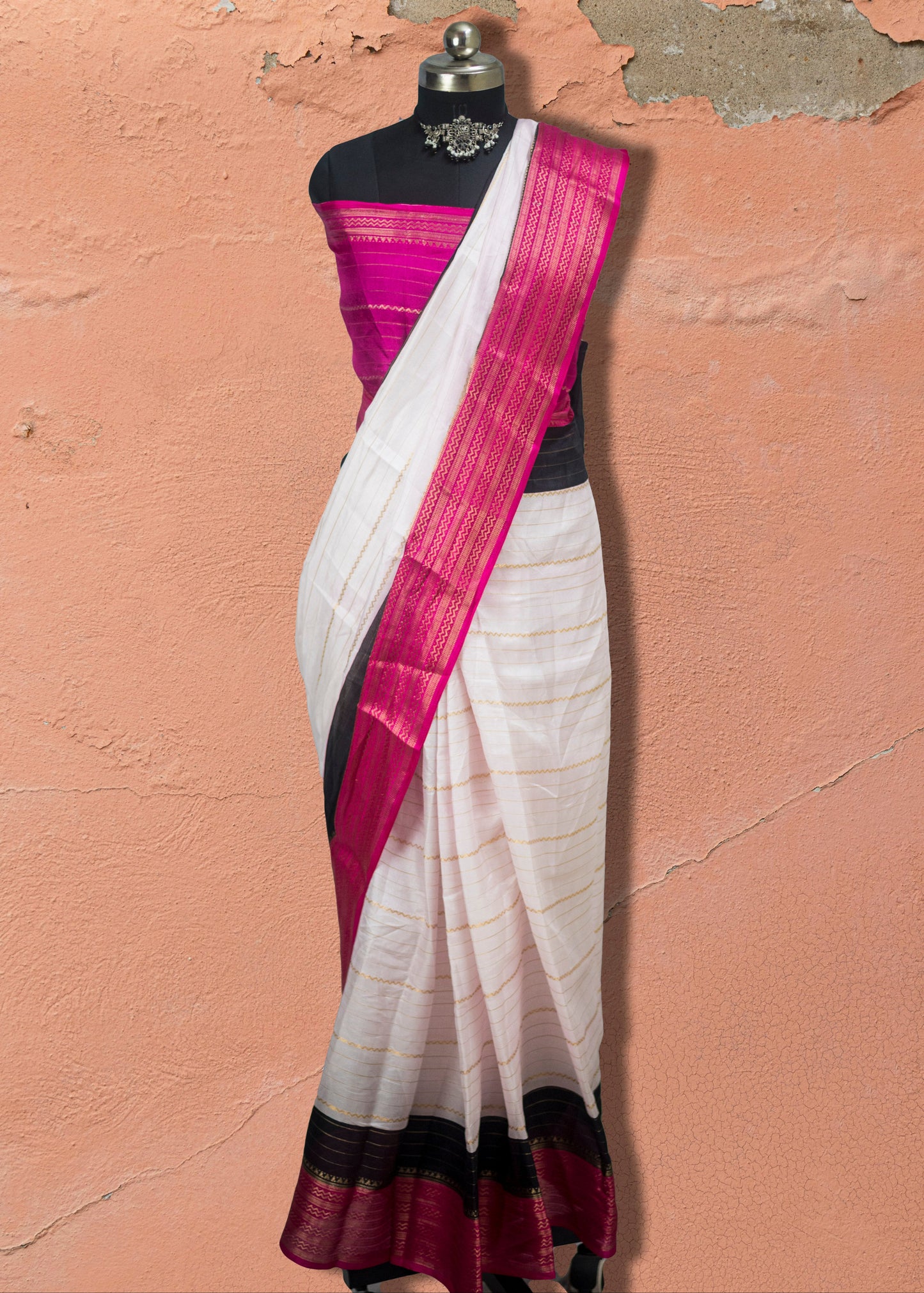 Lightweight white Tangail saree with woven pink border