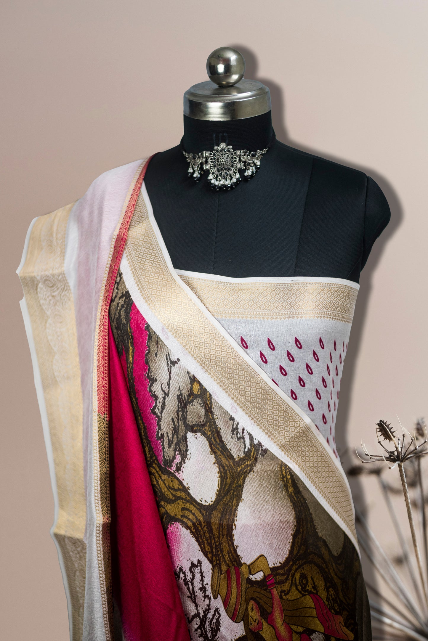 Close-up of zari border on premium Mysore silk crepe saree
