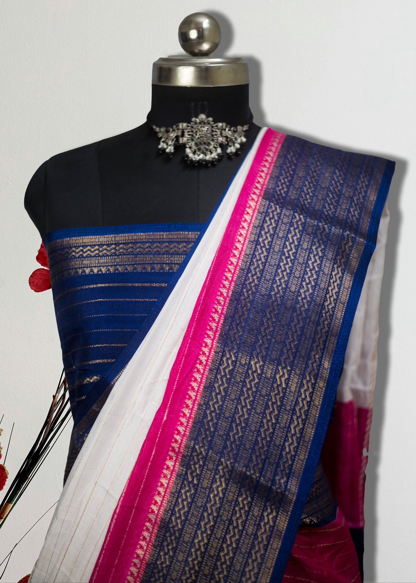 Cotton Silk Blend Tangail Saree in white with navy blue zari border and pink