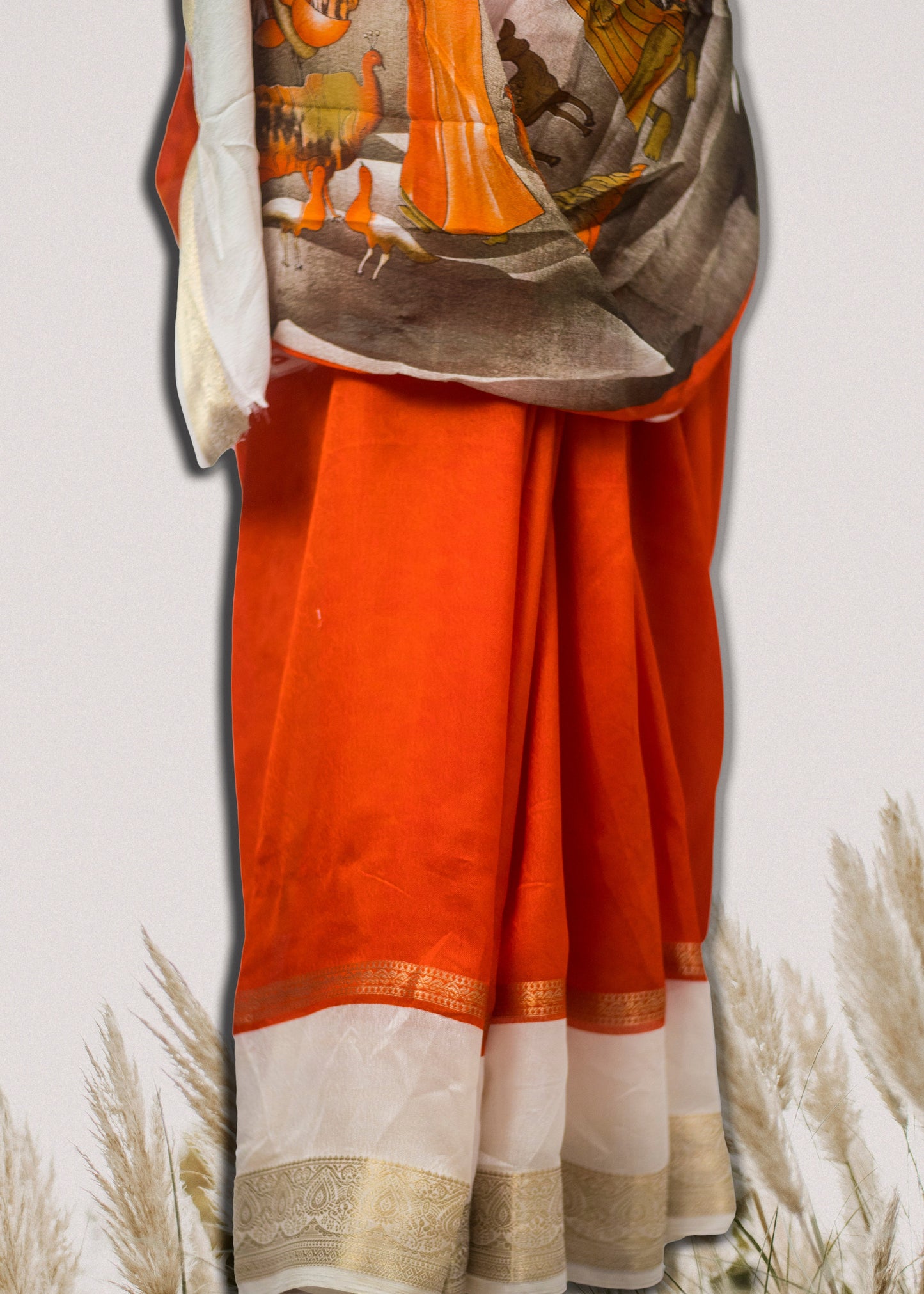 Close-up of zari border on premium Mysore silk crepe saree