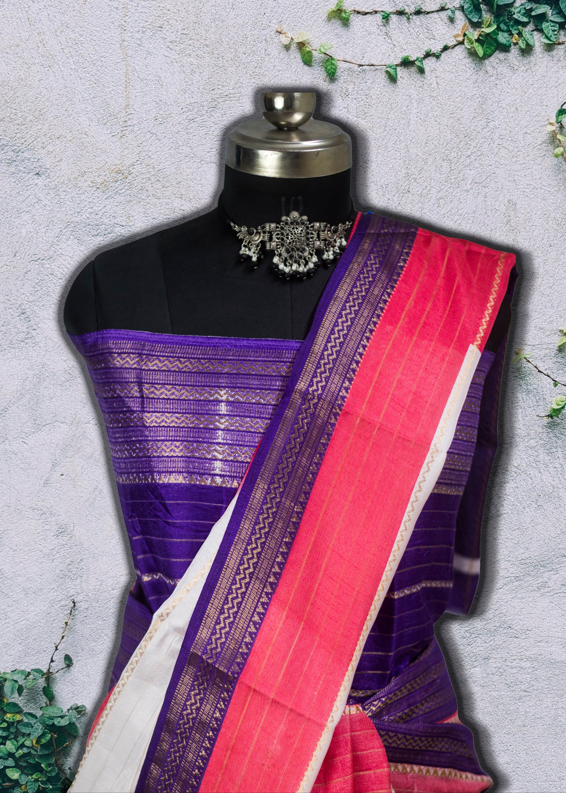 Cotton Silk Blend Tangail Saree in white with pink and purple border displayed on mannequin – Evara Sarees