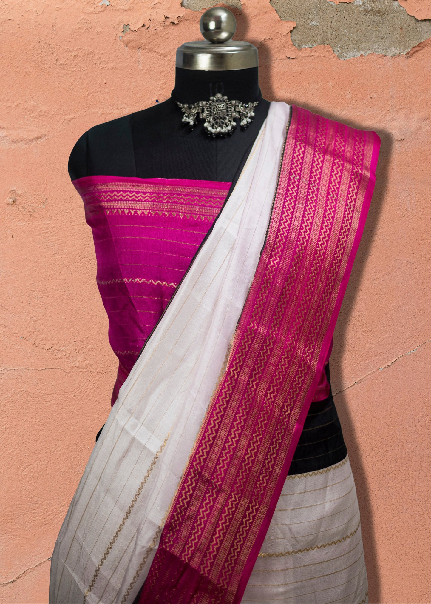 White Tangail saree with pink pallu and black border
