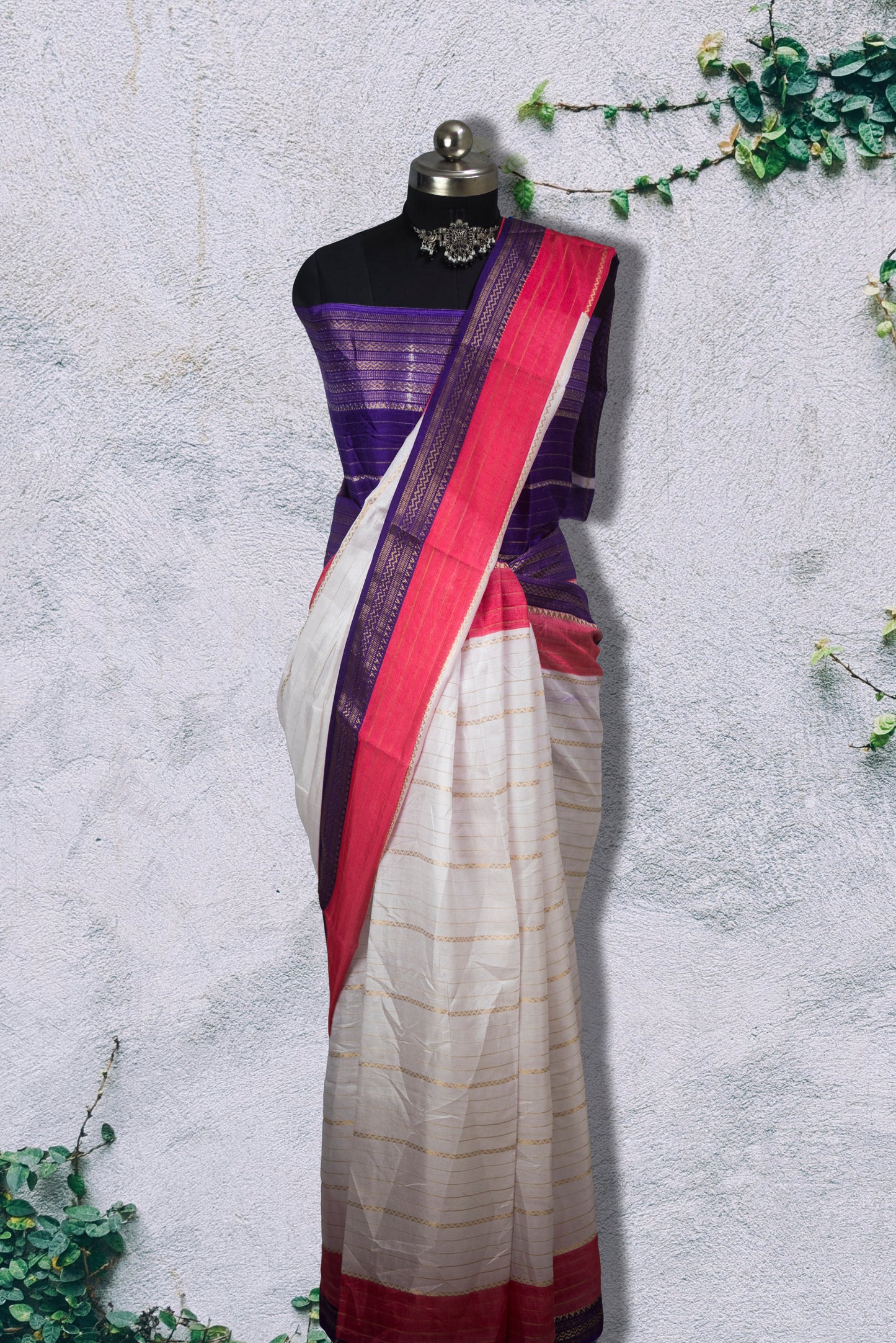 Soft Cotton Silk Tangail Saree featuring white base, golden stripes and contrast pink pallu.